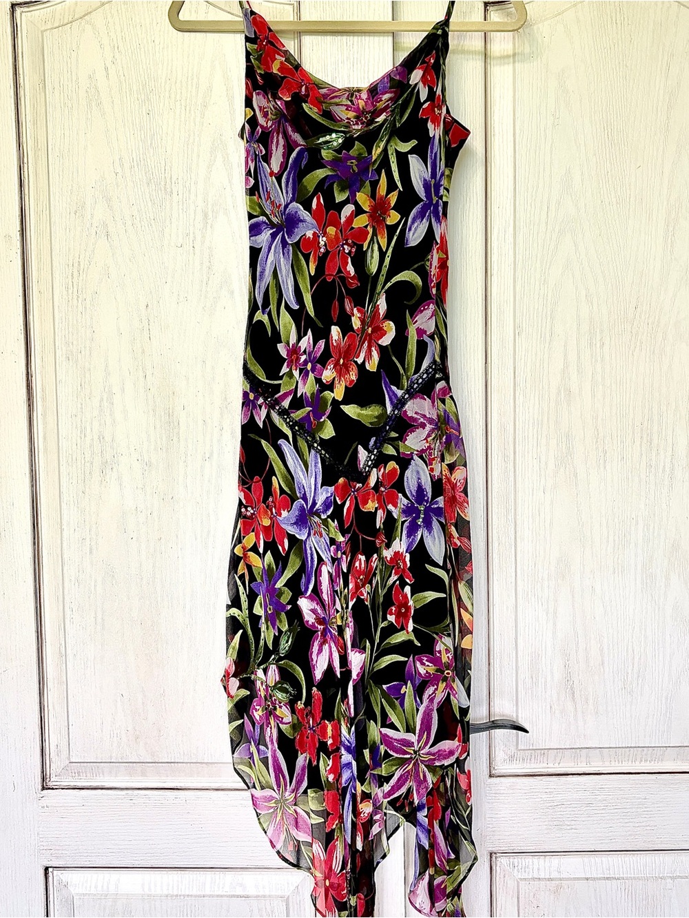 Floral Slip Dress in Black with Coral & Purple Blooms